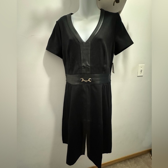Ellen Stacy PONTE FLARE BLACK DRESS WITH VEGAN LEATHER TRIM size M - Picture 5 of 16
